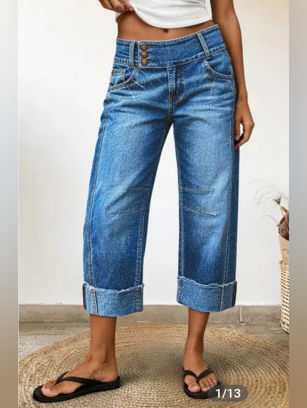 Flamingals Wash Roll Hem Button Up Mid Rise Barrel Leg Crop Jeans NWT Large